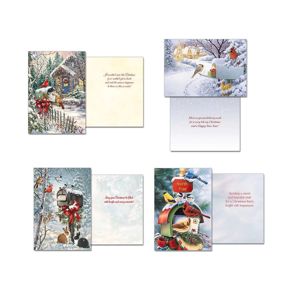 Four unique Leanin' Tree holiday cards displayed open, revealing their heartfelt internal messages alongside charming winter scenes of mailboxes, snowy cottages, and wildlife for diverse festive greetings.