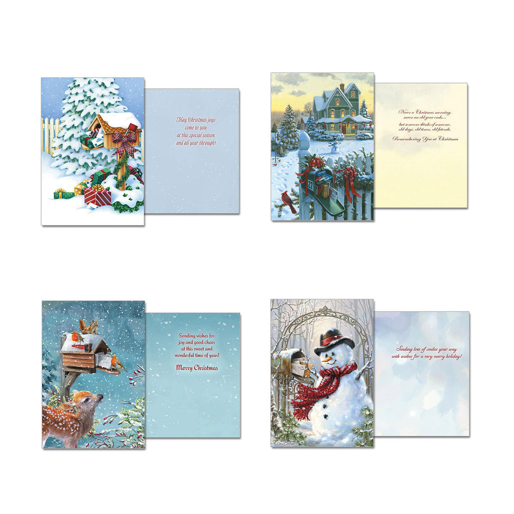 Additional four Leanin' Tree holiday card designs, front and inside, featuring enchanting winter landscapes with deer, birds, snowmen, and cozy homes, ideal for spreading joy during the season.