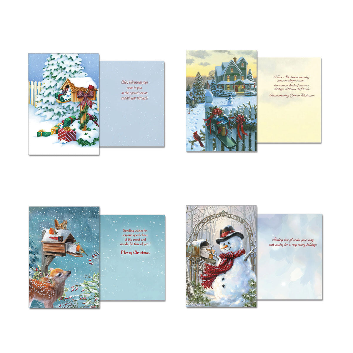 Additional four Leanin' Tree holiday card designs, front and inside, featuring enchanting winter landscapes with deer, birds, snowmen, and cozy homes, ideal for spreading joy during the season.