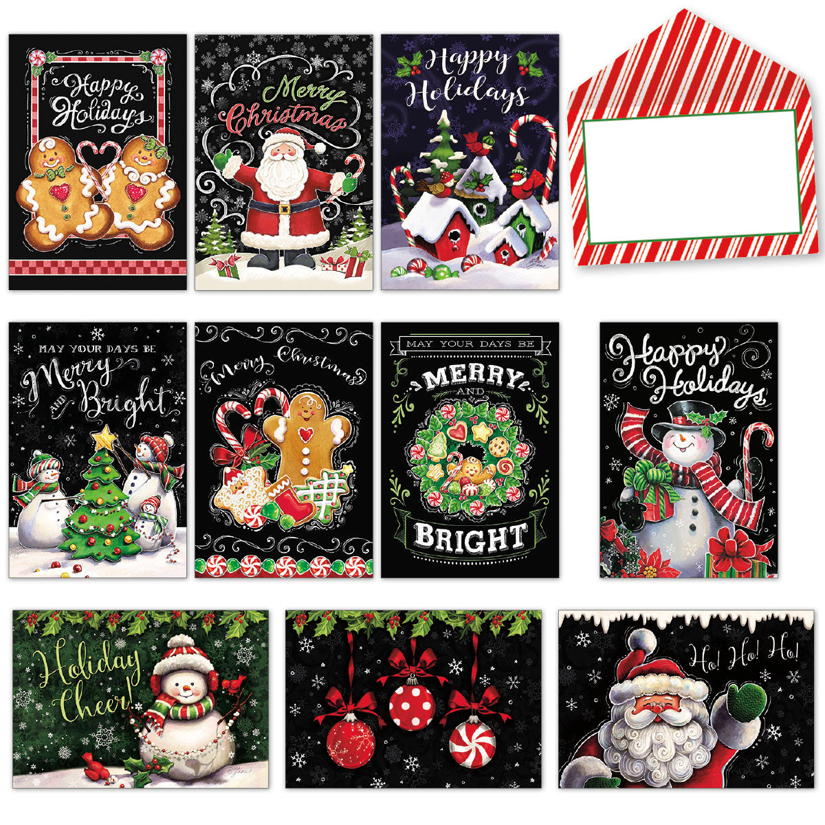 Collection of 10 festive Christmas greeting cards featuring Santa Claus, gingerbread cookies, snowmen, winter villages, and holiday ornaments, alongside a red and white striped envelope.