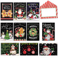 Assorted holiday greeting cards with festive designs including gingerbread men, Santa Claus, snowmen, candy canes, and ornaments, accompanied by a red and white striped envelope, perfect for sending seasonal cheer.