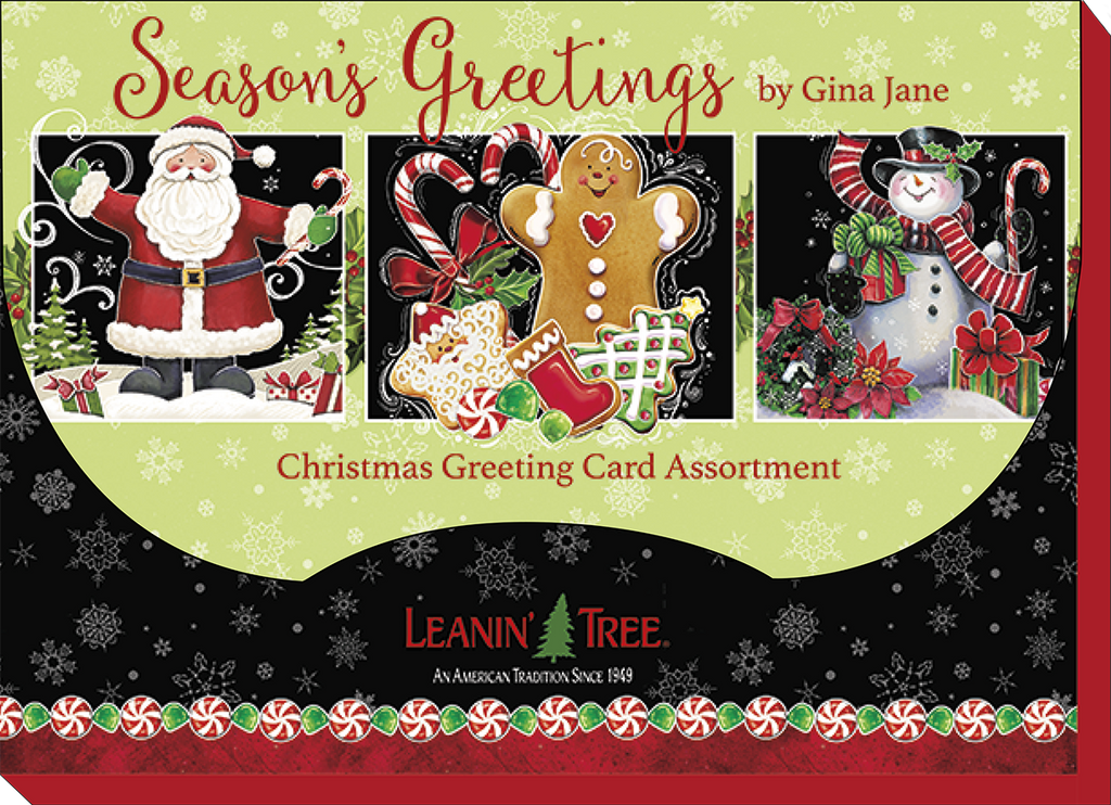 Christmas greeting card assortment packaging by Leanin' Tree, featuring 'Season's Greetings by Gina Jane' with illustrations of Santa, a gingerbread man, and a snowman on a green and black festive background.