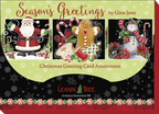 Christmas greeting card assortment packaging by Leanin' Tree, featuring 'Season's Greetings by Gina Jane' with illustrations of Santa, a gingerbread man, and a snowman on a green and black festive background.