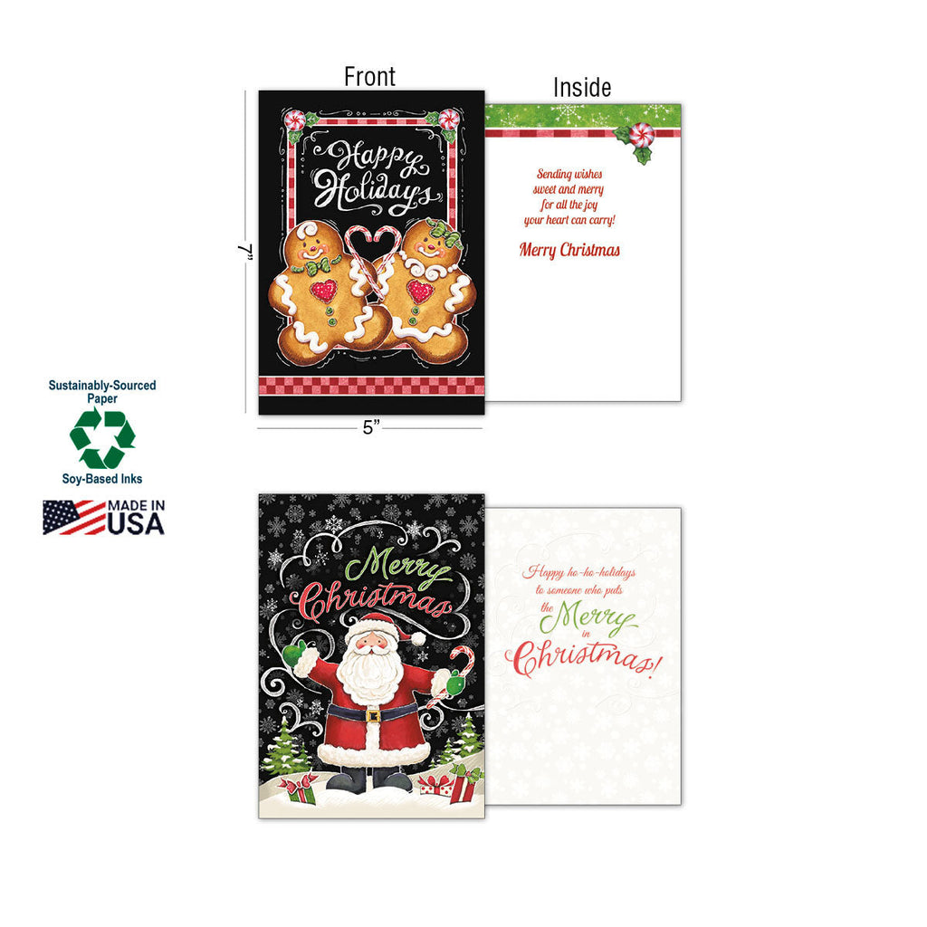 Detailed view of two 5x7 inch holiday greeting cards, one with gingerbread figures and another with Santa, showing inside messages, alongside labels for Sustainably-Sourced Paper, Soy-Based Inks, and Made in USA.