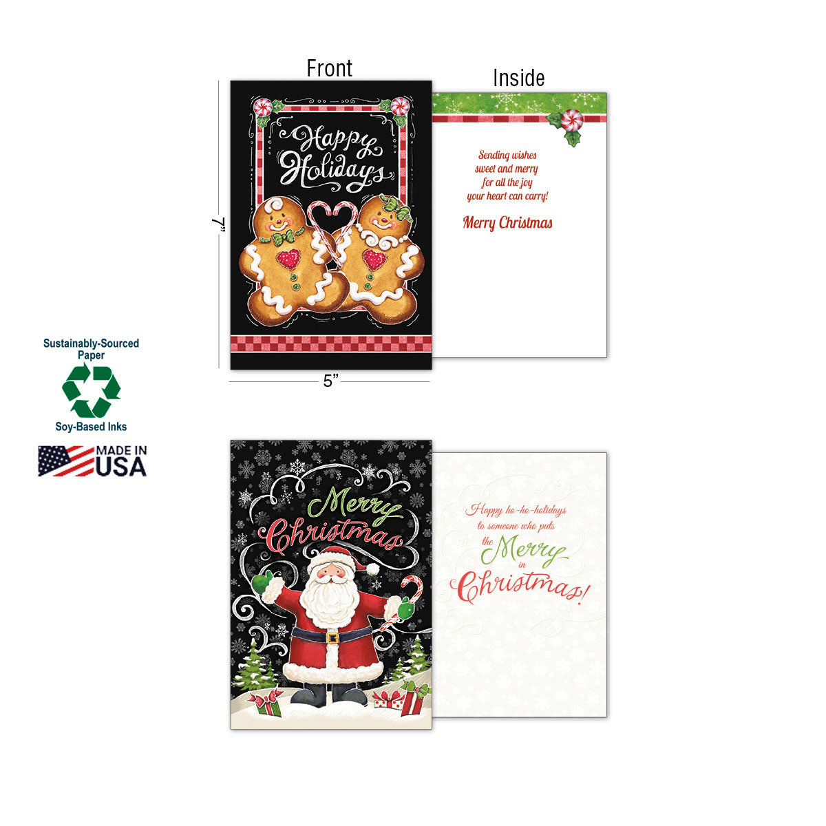 Detailed view of two 5x7 inch holiday greeting cards, one with gingerbread figures and another with Santa, showing inside messages, alongside labels for Sustainably-Sourced Paper, Soy-Based Inks, and Made in USA.