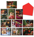 Assortment of festive holiday greeting cards featuring various cute puppies in snowy, decorated scenes with Christmas trees, fireplaces, and gifts, accompanied by a red envelope. Ideal for winter season greetings.