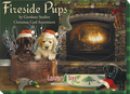 Fireside Pups holiday greeting card assortment box by Giordano Studios, featuring two puppies in a copper bucket by a fireplace, with a black lab puppy in a Santa hat on a rug.