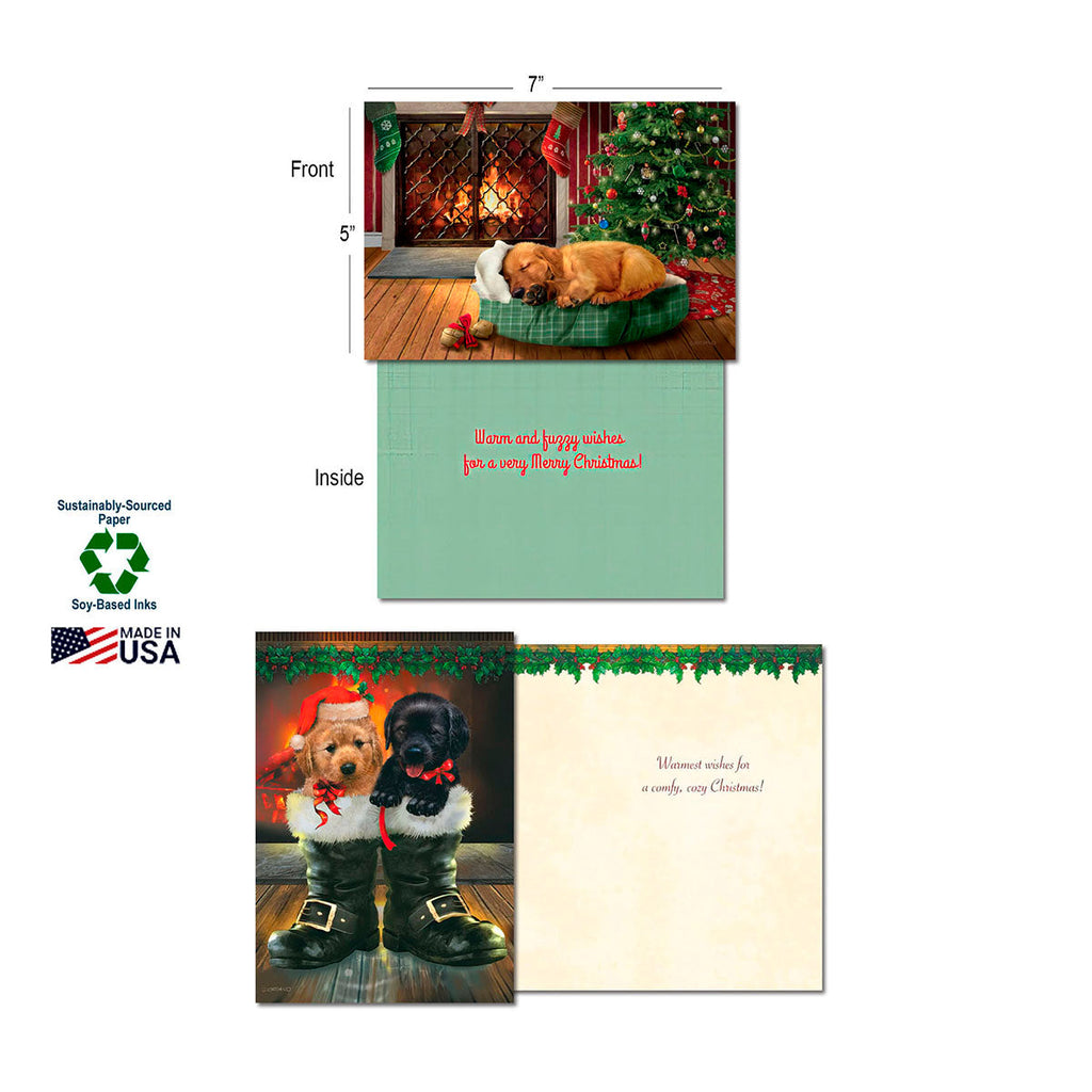 Eco-friendly Christmas greeting card assortment showing front and inside views. Features a golden retriever puppy sleeping by a fireplace on the front, with 'Warm and fuzzy wishes for a very Merry Christmas!' inside. Highlights sustainably-sourced paper, soy-based inks, Made in USA. Shows another card with two puppies in boots.