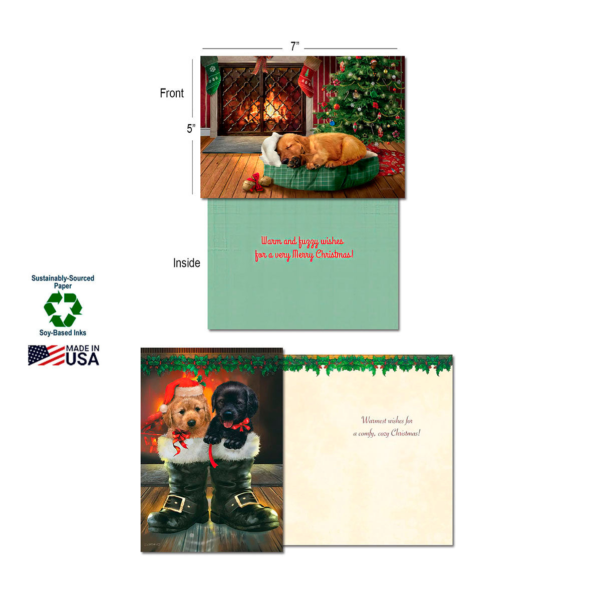 Eco-friendly Christmas greeting card assortment showing front and inside views. Features a golden retriever puppy sleeping by a fireplace on the front, with 'Warm and fuzzy wishes for a very Merry Christmas!' inside. Highlights sustainably-sourced paper, soy-based inks, Made in USA. Shows another card with two puppies in boots.