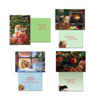 Variety of cute puppy-themed Christmas greeting cards from the Fireside Pups assortment. Includes designs like puppies in a gift box, puppies in a bucket by a fireplace, a golden retriever puppy looking out a window, and a black lab puppy with a red bow.