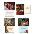 Collection of festive holiday cards showcasing cute puppies in stockings, by a fireplace, under a decorated Christmas tree, and with season's greetings messages inside.
