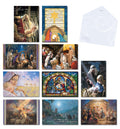 Assortment of Christian Nativity greeting cards with various depictions of the birth of Jesus and the holy family, including scenes with angels, shepherds, and wise men, alongside an opened white envelope.