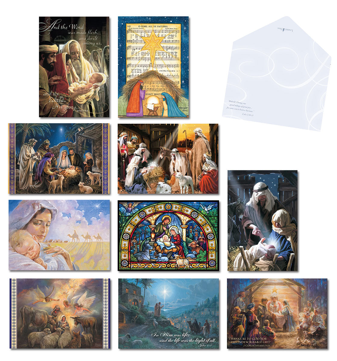 Assortment of Christian Nativity greeting cards with various depictions of the birth of Jesus and the holy family, including scenes with angels, shepherds, and wise men, alongside an opened white envelope.