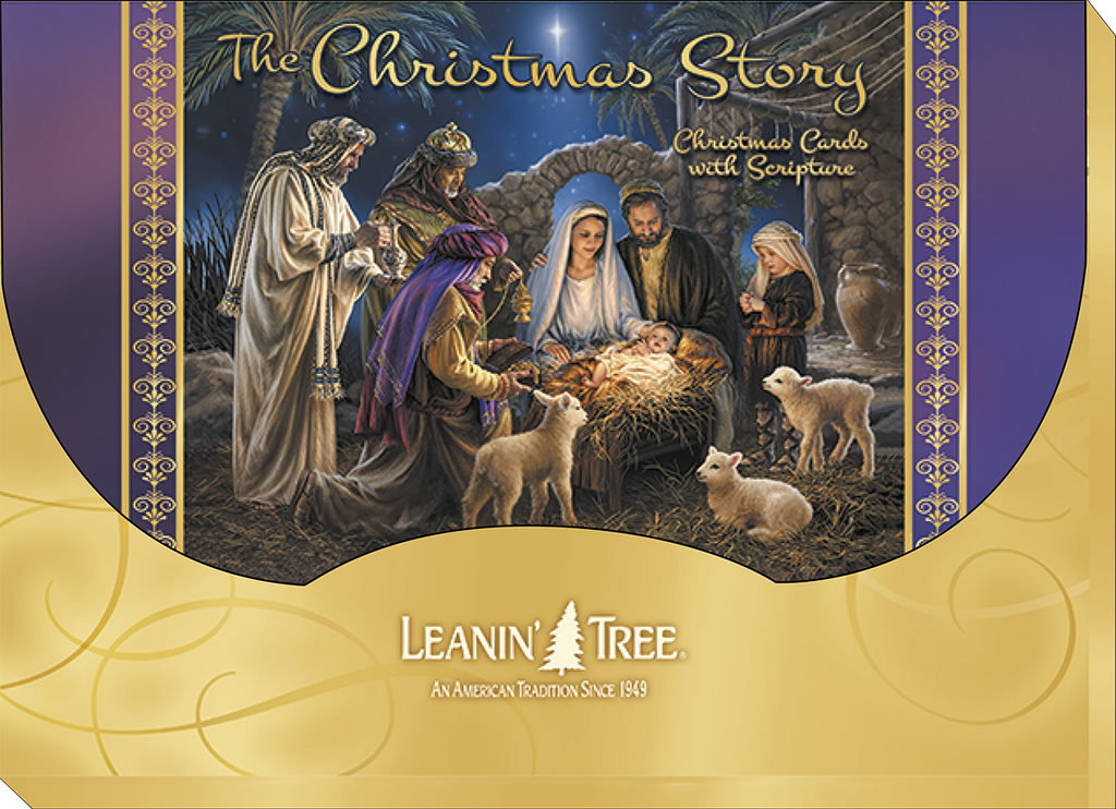 Boxed set of Leanin' Tree 'The Christmas Story' greeting cards, featuring a detailed nativity scene with Mary, Joseph, baby Jesus, shepherds, and lambs, against a golden and purple backdrop.