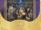 Boxed set of Leanin' Tree 'The Christmas Story' greeting cards, featuring a detailed nativity scene with Mary, Joseph, baby Jesus, shepherds, and lambs, against a golden and purple backdrop.