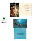 Detailed view of a religious greeting card showing Jesus with wise men on the front, scripture inside, and 'Sustainably-Sourced Paper' and 'Made in USA' labels, highlighting eco-friendly production.