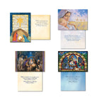 Multiple open religious greeting cards displaying various nativity scenes on the front and heartfelt Christian blessings and scripture inside, showcasing the diverse designs within the assortment.
