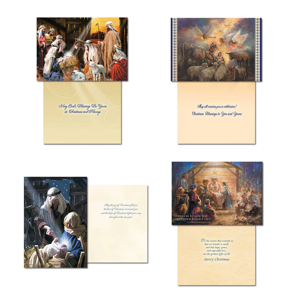 Collection of open nativity scene greeting cards, revealing different religious illustrations on the front and spiritual messages, Christmas blessings, and Bible verses on the inside for sending seasonal greetings.
