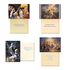 Collection of open nativity scene greeting cards, revealing different religious illustrations on the front and spiritual messages, Christmas blessings, and Bible verses on the inside for sending seasonal greetings.