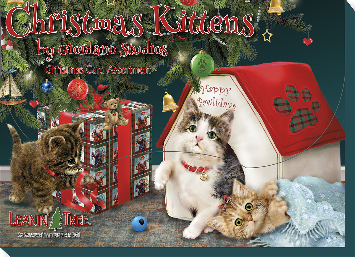 Leanin' Tree Christmas Kittens card assortment by Giordano Studios, showing playful kittens with a 'Happy Pawlidays' dog house, gift box, and decorated tree, highlighting the card collection.