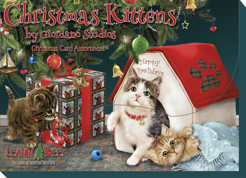 Leanin' Tree Christmas Kittens card assortment by Giordano Studios, showing playful kittens with a 'Happy Pawlidays' dog house, gift box, and decorated tree, highlighting the card collection.