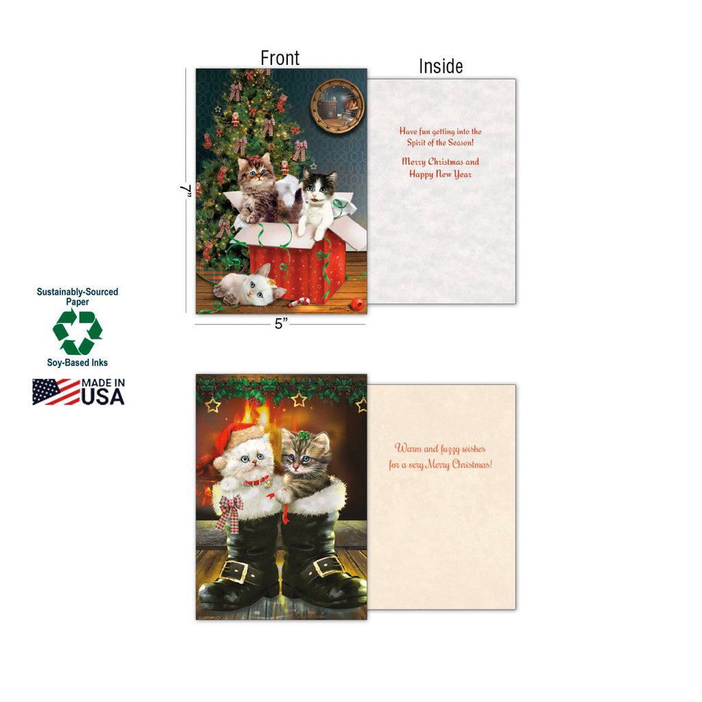 Detailed view of two Christmas cards (front and inside), showcasing kittens in a gift box and kittens wearing Santa boots. Highlights 'Sustainably-Sourced Paper,' 'Soy-Based Inks,' and 'MADE IN USA' labels.