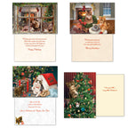 Four individual Christmas card designs (front and inside message visible) featuring charming kitten scenes including cats looking through a snowy window, by a fireplace with stockings, playing with presents, and climbing a decorated Christmas tree.