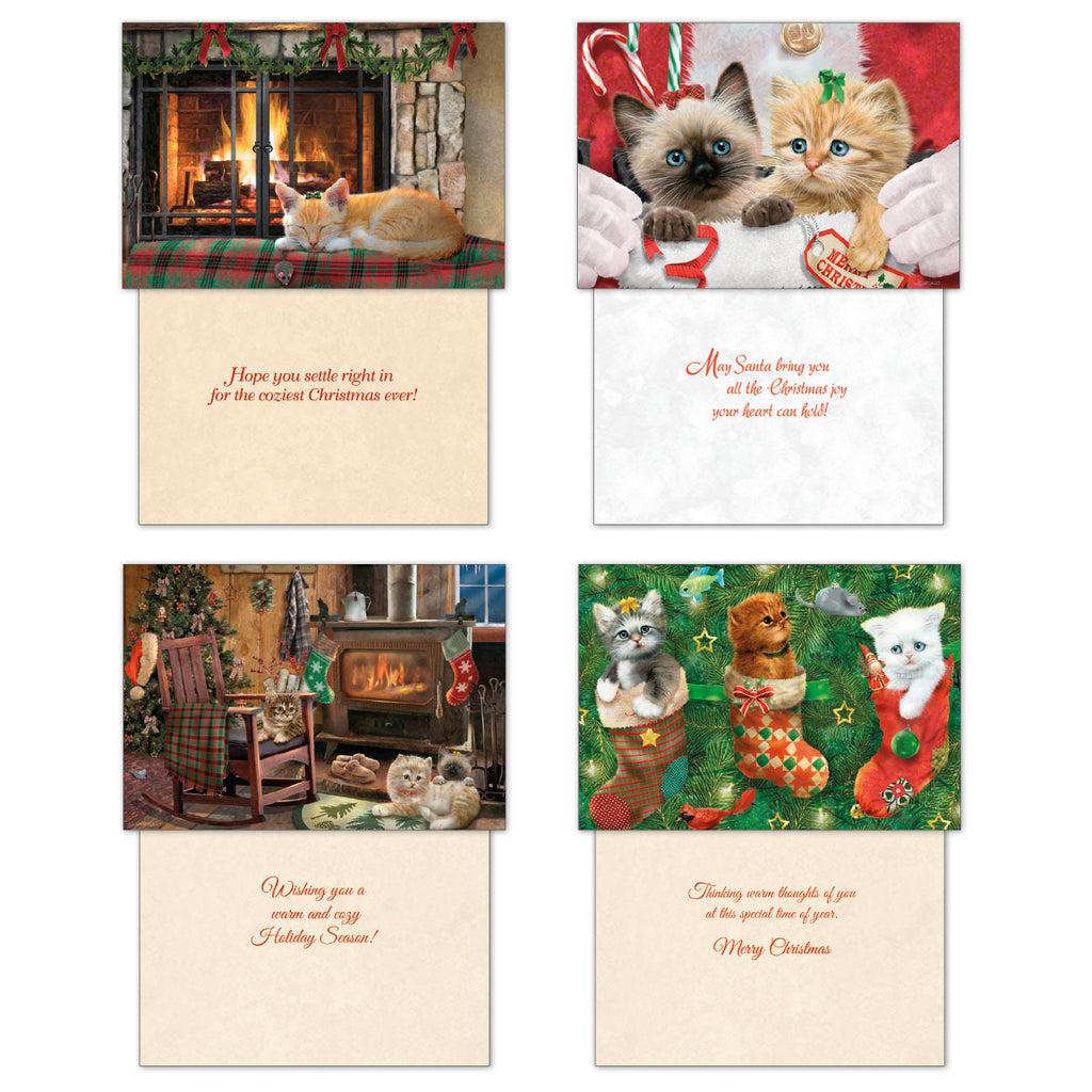 Four close-up views of Christmas greeting cards, showing kittens by a cozy fireplace, kittens being held by Santa, kittens near a wood stove, and kittens peeking out of festive Christmas stockings.