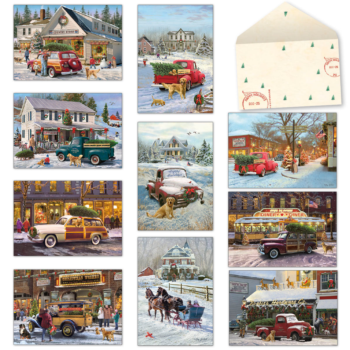 Assortment of ten nostalgic Christmas greeting cards and an envelope, featuring charming vintage vehicles like red trucks and wood-panel wagons carrying Christmas trees through snowy small towns, often accompanied by golden retrievers, evoking classic holiday cheer.
