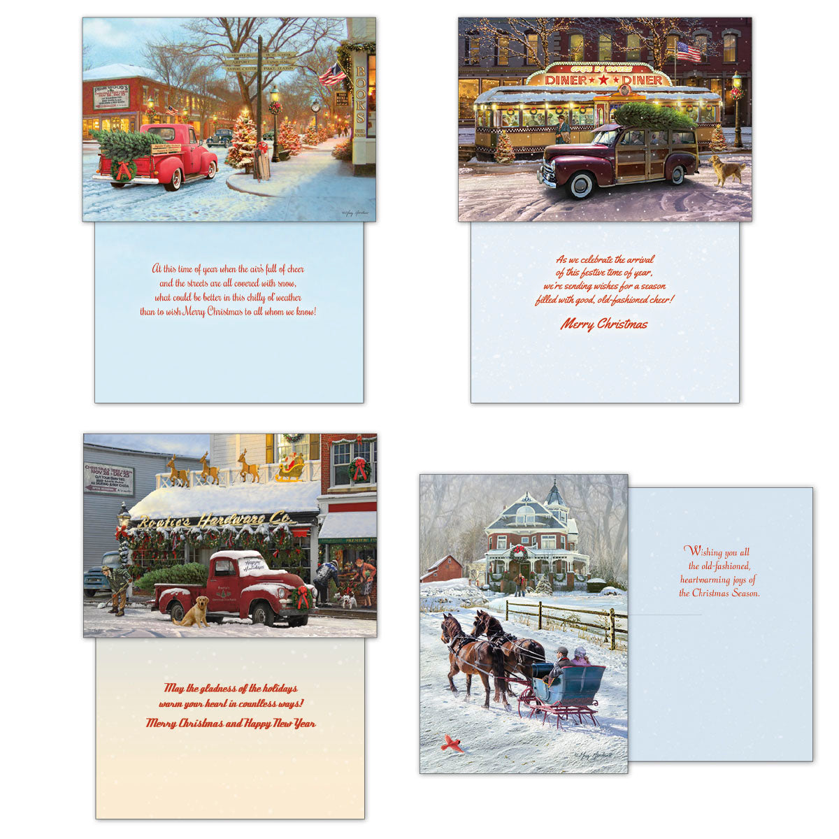 Four unique vintage vehicle holiday cards with accompanying warm season's greetings inside, featuring snowy street scenes and classic automobiles.