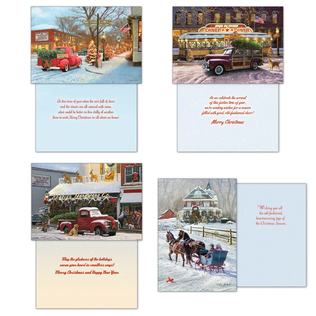 Four different vintage-themed Christmas greeting cards showcasing their interior messages. Designs feature classic vehicles with Christmas trees, snowy streets, and golden retrievers, offering various warm holiday greetings like 'Merry Christmas' and 'Happy New Year'.