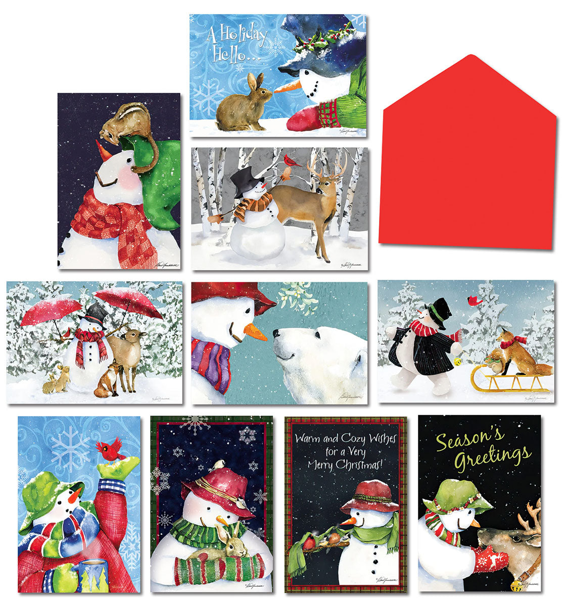 Assortment of festive holiday greeting cards featuring various snowmen and winter animal scenes, including a red envelope, perfect for season's greetings.
