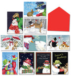 Assorted holiday greeting cards featuring cute snowmen and winter animals like rabbits, deer, foxes, and polar bears, with a red envelope.