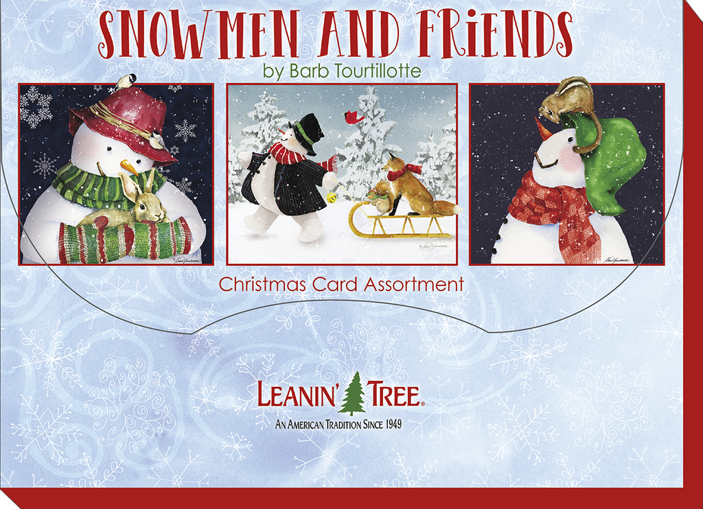 Box cover for 'Snowmen and Friends' holiday card assortment by Barb Tourtillotte, showing three distinct snowman and animal designs, by Leanin' Tree.
