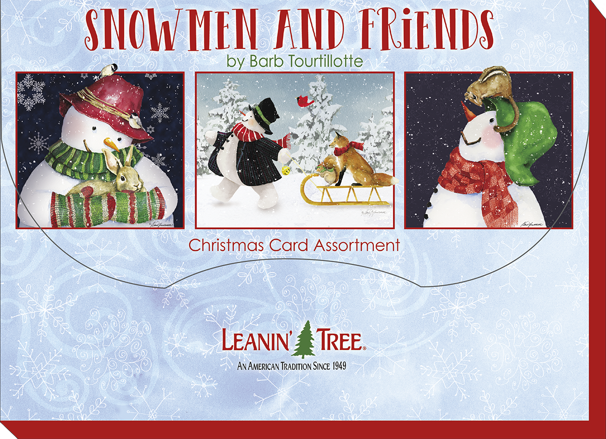 Box cover for 'Snowmen and Friends' holiday card assortment by Barb Tourtillotte, showing three distinct snowman and animal designs, by Leanin' Tree.
