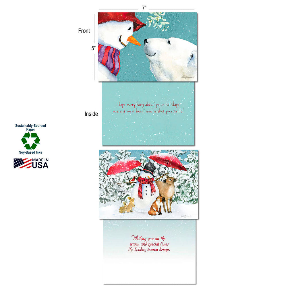Detailed view of two Leanin' Tree holiday cards: one with a snowman and polar bear, another with a snowman, deer, and fox under red umbrellas, highlighting size and sustainably-sourced, USA-made quality.