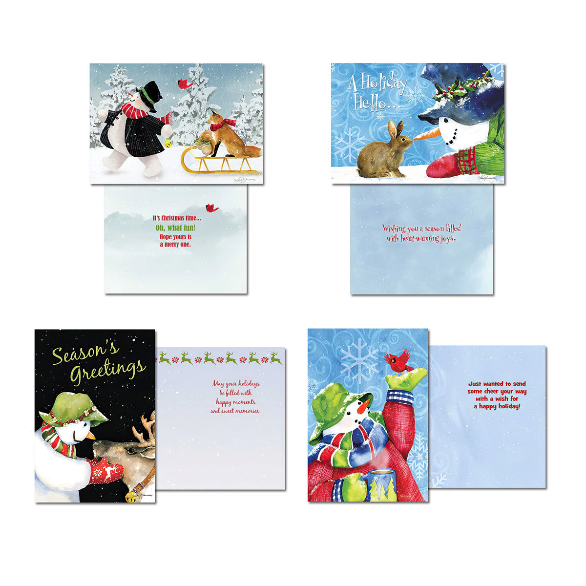 Four holiday greeting card designs, each showing the front and a sample of the inside message, featuring snowmen with foxes, bunnies, and birds in winter scenes.
