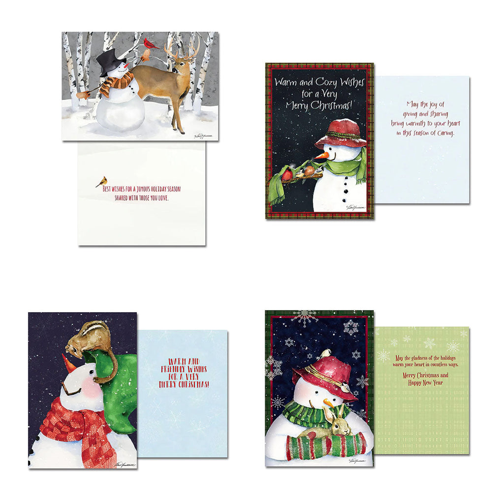 Four holiday greeting card designs, each showing the front and a sample of the inside message, featuring snowmen with deer, chipmunks, and other winter animals.