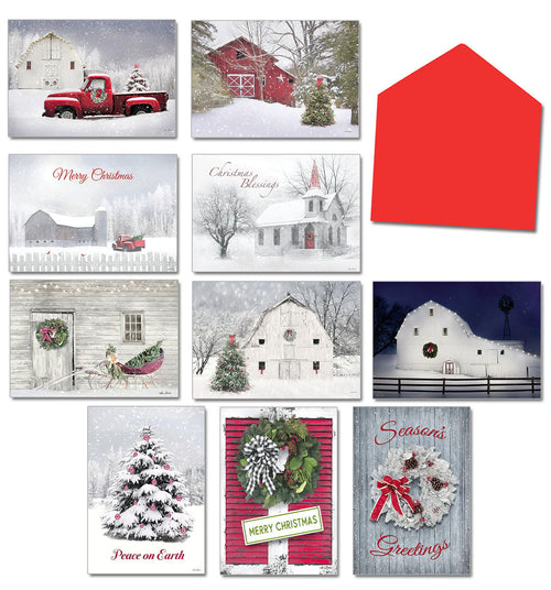 Collage of nine diverse country Christmas greeting cards showing snowy barns, trucks, churches, and wreaths, with a blank red envelope.