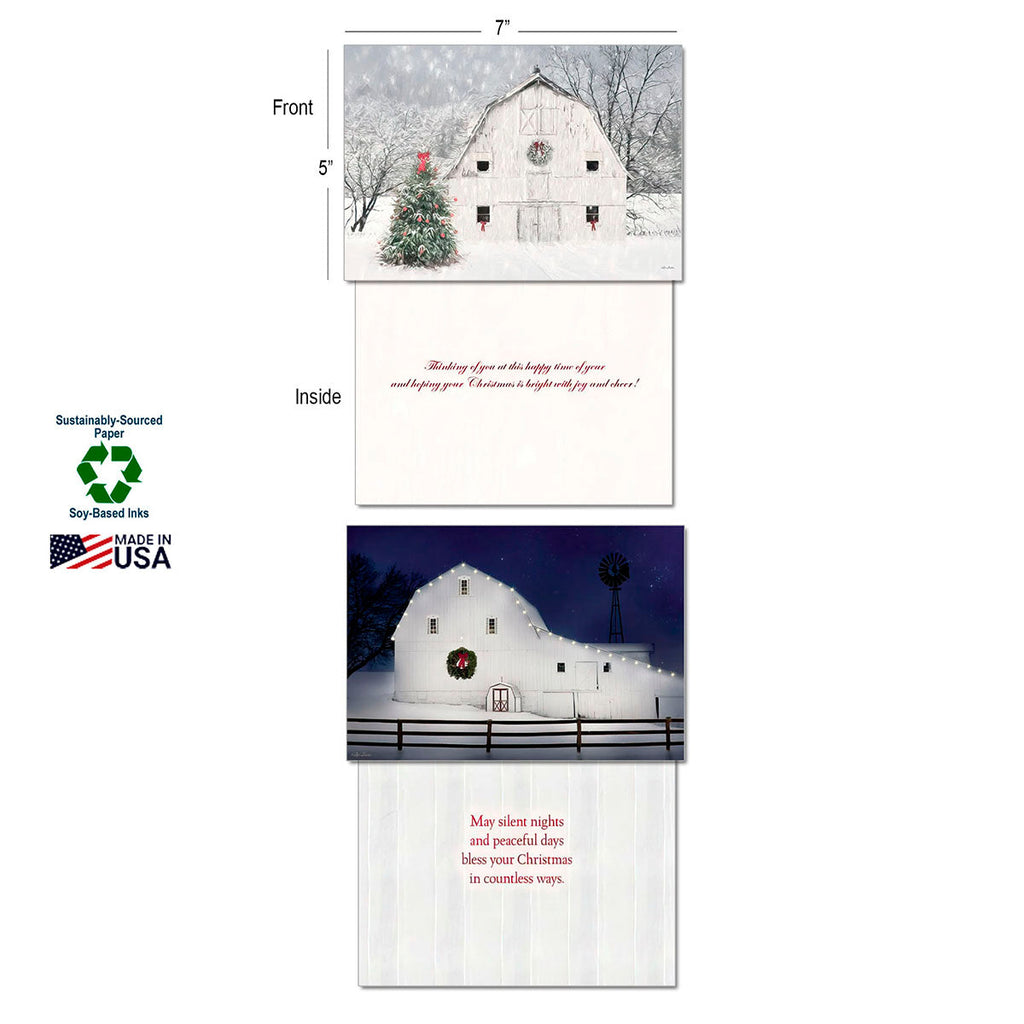 Front and inside views of two different country Christmas cards, one depicting a white barn with a Christmas tree in snow, and another with an illuminated white barn and windmill at night; highlights sustainably-sourced paper and soy-based inks.