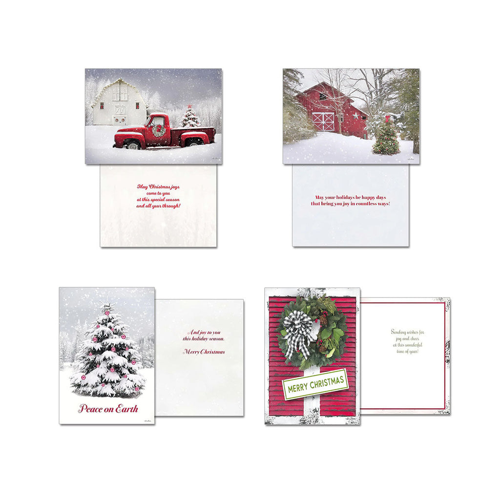 Four open Christmas greeting cards showing various country winter scenes, including a red truck, a red barn, a snowy tree, and a wreath on a red door, with their corresponding inside messages.