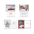 Four open Christmas greeting cards showing various country winter scenes, including a red truck, a red barn, a snowy tree, and a wreath on a red door, with their corresponding inside messages.