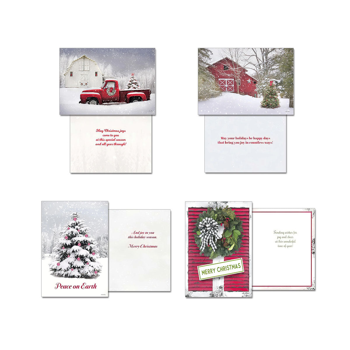 Four open Christmas greeting cards showing various country winter scenes, including a red truck, a red barn, a snowy tree, and a wreath on a red door, with their corresponding inside messages.