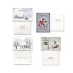 Four open Christmas greeting cards showcasing different snowy country designs like a white barn, a 'Season's Greetings' wreath, a church, and a rustic door with a sled, revealing their inside messages.