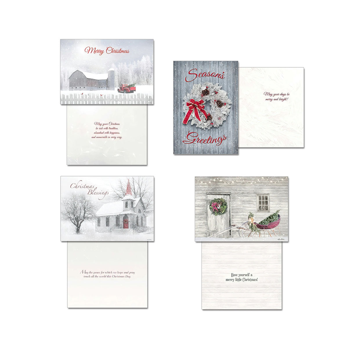 Four open Christmas greeting cards showcasing different snowy country designs like a white barn, a 'Season's Greetings' wreath, a church, and a rustic door with a sled, revealing their inside messages.