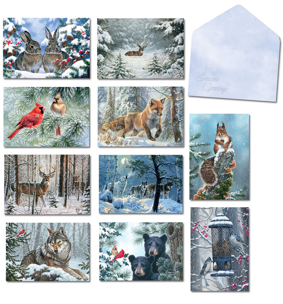 Assortment of ten Leanin' Tree Christmas greeting cards featuring various winter wildlife scenes like rabbits, deer, foxes, wolves, squirrels, cardinals, and bears in snowy landscapes, alongside a light blue 'Season's Greetings' envelope.