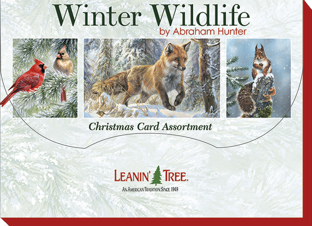 Front packaging for the 'Winter Wildlife by Abraham Hunter Christmas Card Assortment' showing close-ups of a red cardinal, a fox running in snow, and a squirrel on a log, with the Leanin' Tree logo.