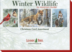 Front packaging for the 'Winter Wildlife by Abraham Hunter Christmas Card Assortment' showing close-ups of a red cardinal, a fox running in snow, and a squirrel on a log, with the Leanin' Tree logo.