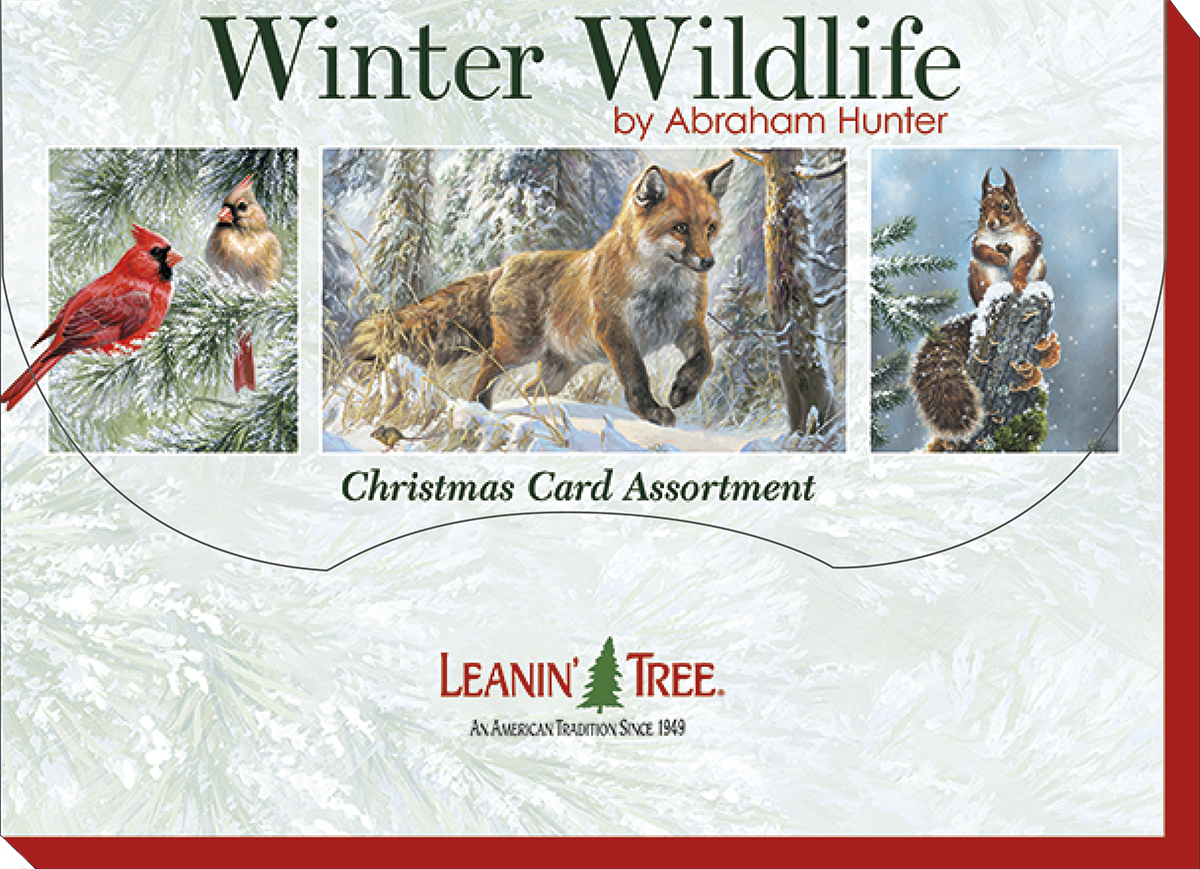 Front packaging for the 'Winter Wildlife by Abraham Hunter Christmas Card Assortment' showing close-ups of a red cardinal, a fox running in snow, and a squirrel on a log, with the Leanin' Tree logo.