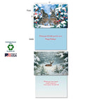 Two Leanin' Tree Christmas cards displayed open: one with two rabbits on the front and 'Happy Holidays!' inside; another with a deer in snow on the front. Features 'Sustainably-Sourced Paper', 'Soy-Based Inks', and 'Made in USA' labels.